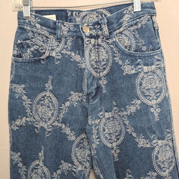 Vintage 90s Jeanjer Baroque floral print blue denim tapered mom jeans womens 5/6 - Picture 3 of 6